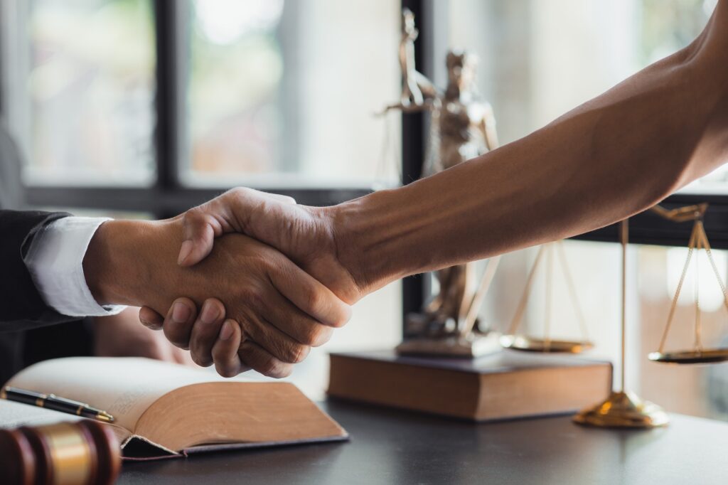 Lawyer and client shake hands.